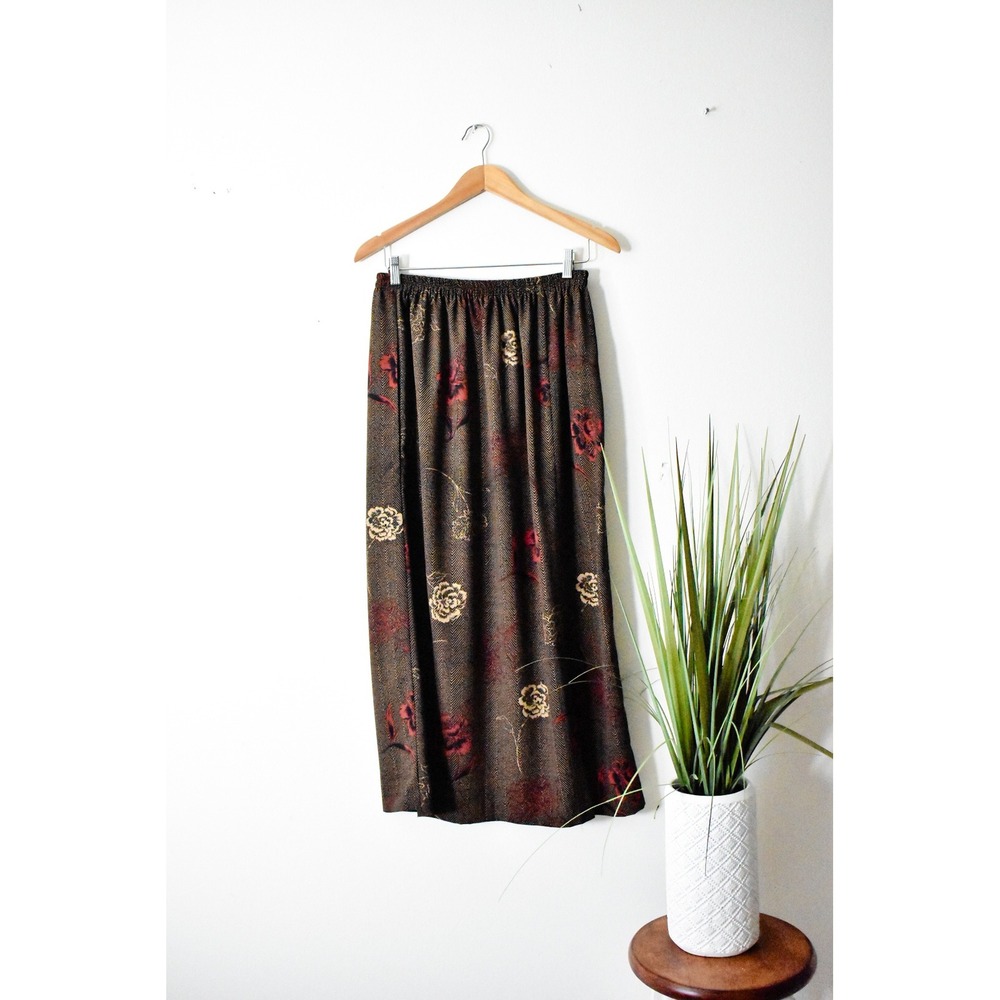 Lurlean's Fashions Maxi Skirt Womens M Brown Vintage 90s Floral Herringbone Slit